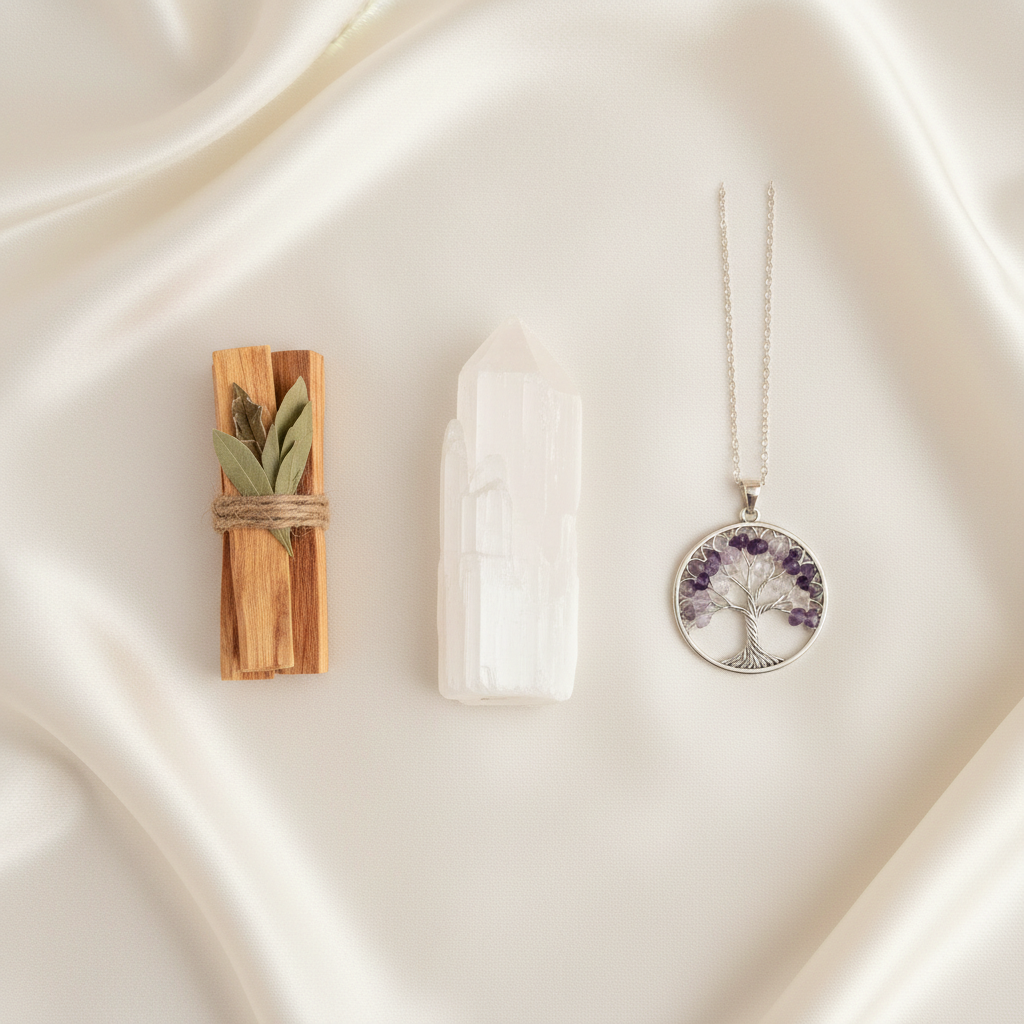 Spiritual trio combo set laid out on ivory fabric showing all three pieces