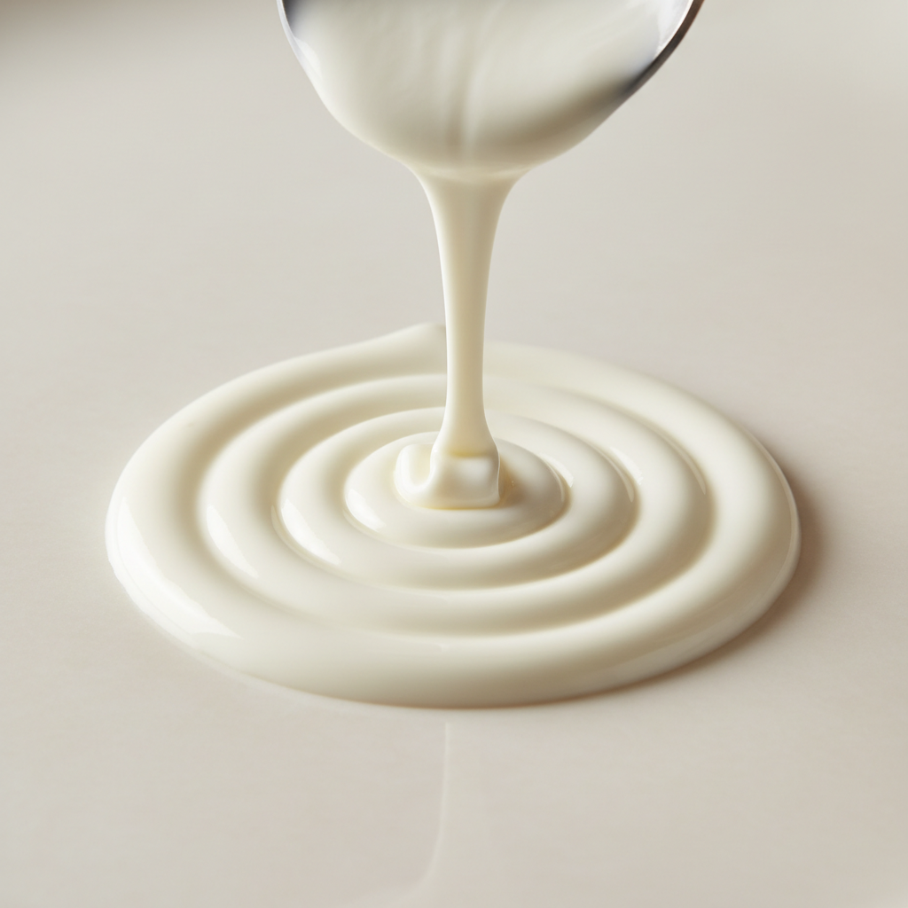 Thick white yogurt being drizzled in a slow spiral from a spoon creating a glossy pattern