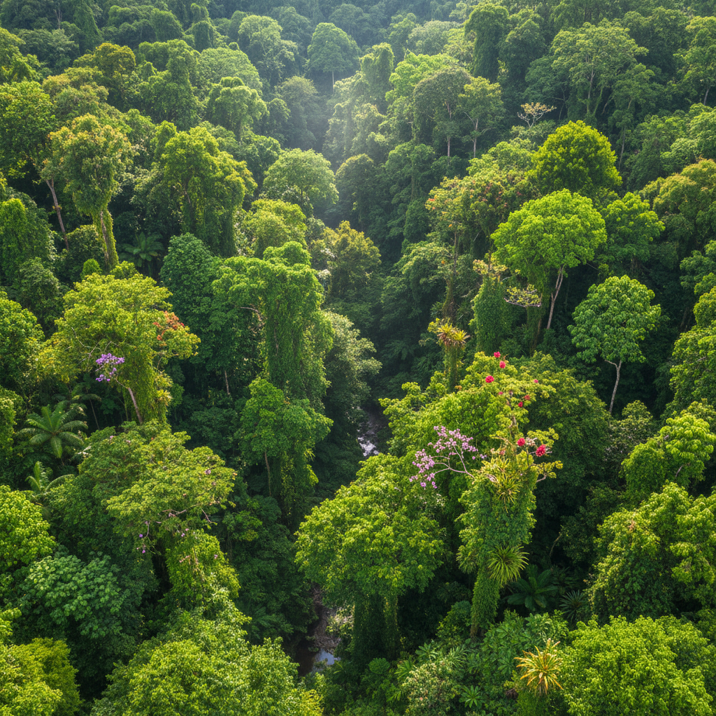 Dense green jungle canopy in Colombia with river visible below