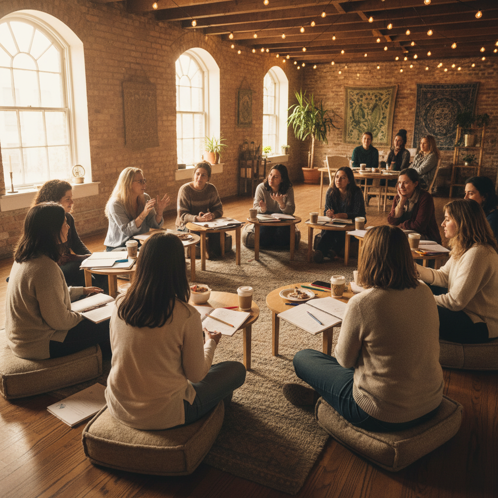 African women sitting in a circle at an empowerment workshop, some taking notes, facilitator standing at front, warm community center interior, supportive atmosphere