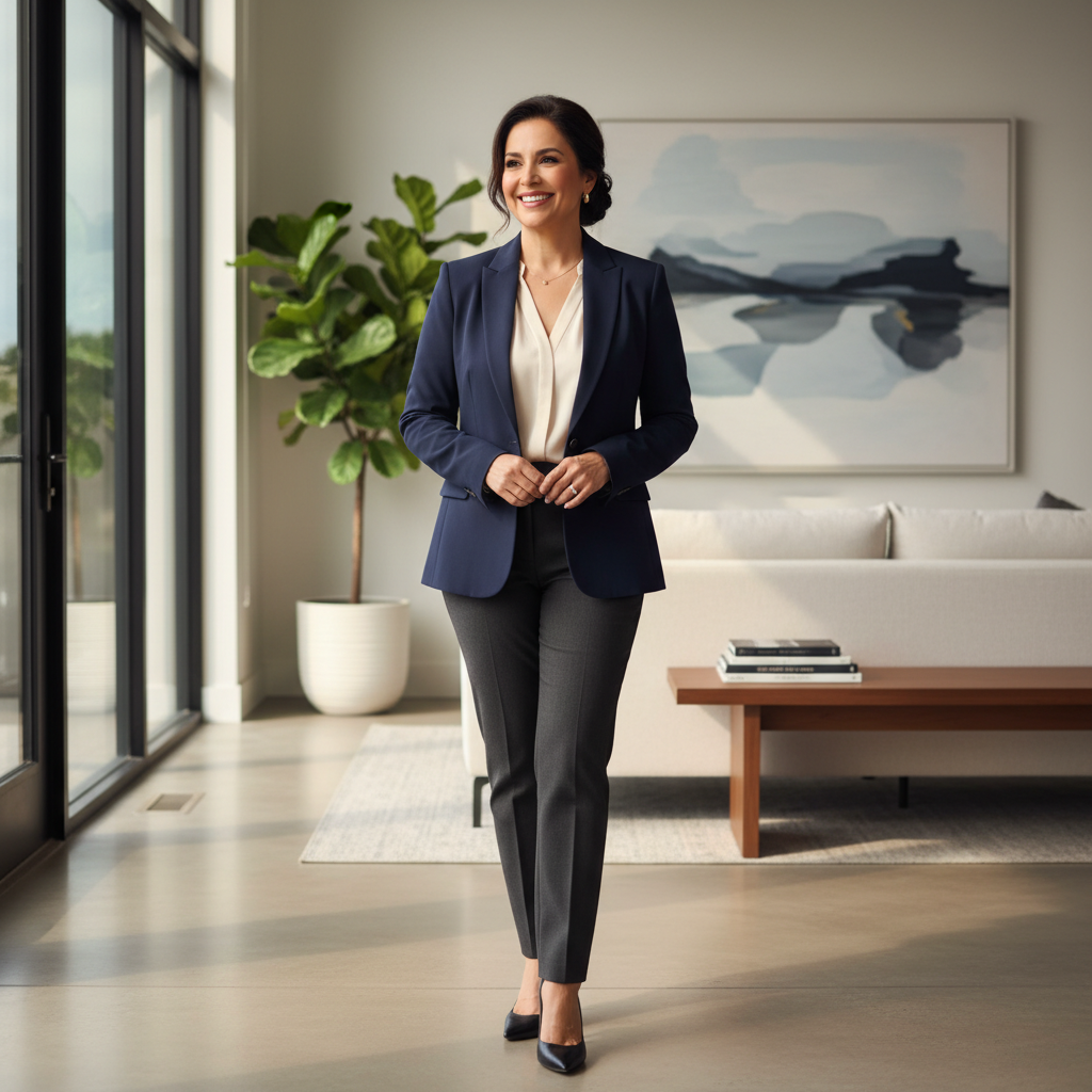 Hispanic woman in casual attire smiling warmly in front of modern Arizona home