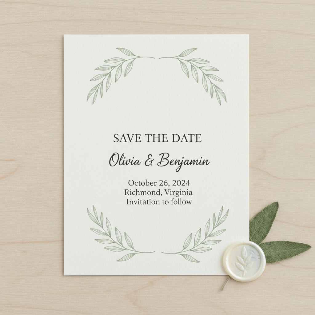 Minimal modern save the date card in white and black typography