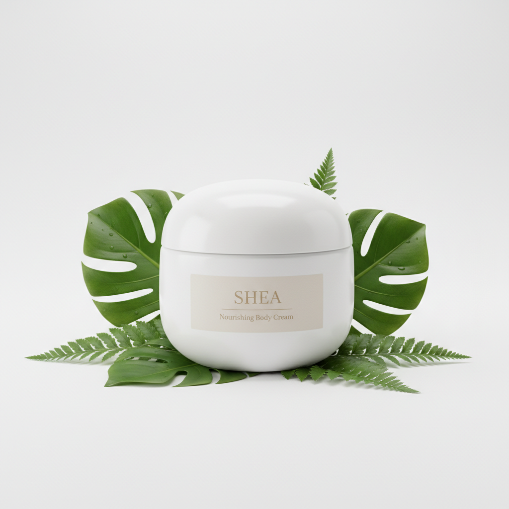 White cream jar with green botanical moisturizer on clean airy background with fresh leaves