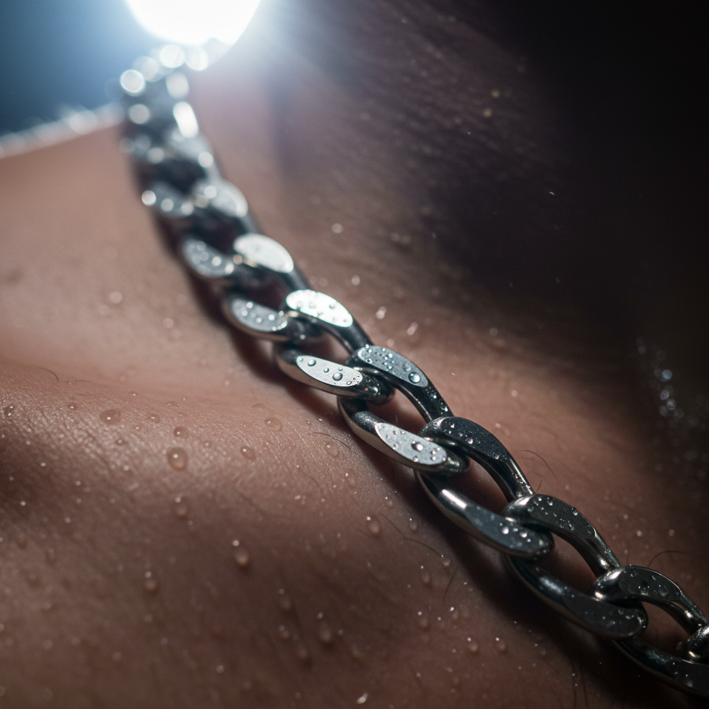 Finished silver chain draped across a collarbone slick with sweat at a concert