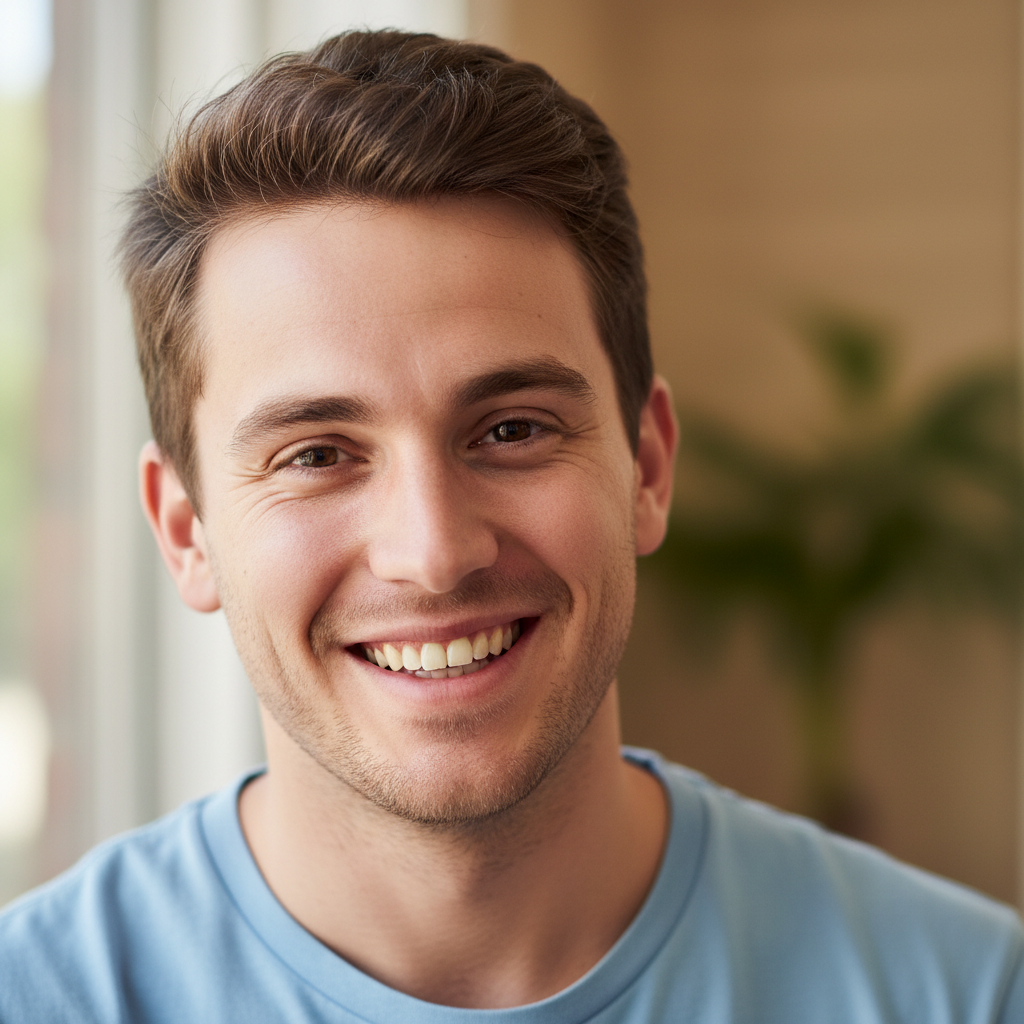 Young white man in casual clothing smiling openly