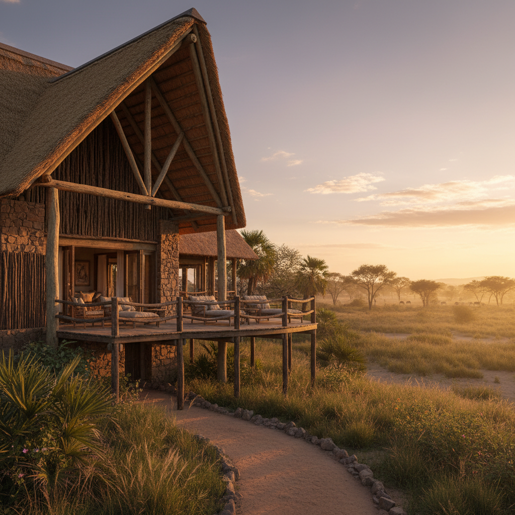 Lakeside lodge with wooden deck overlooking Lake Kariba at sunset
