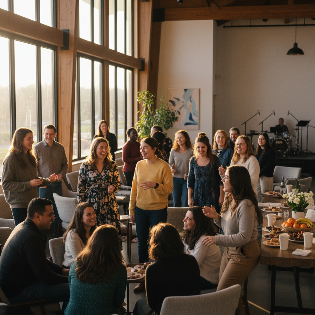 Congregation members laughing and connecting before a Sunday service at Gather
