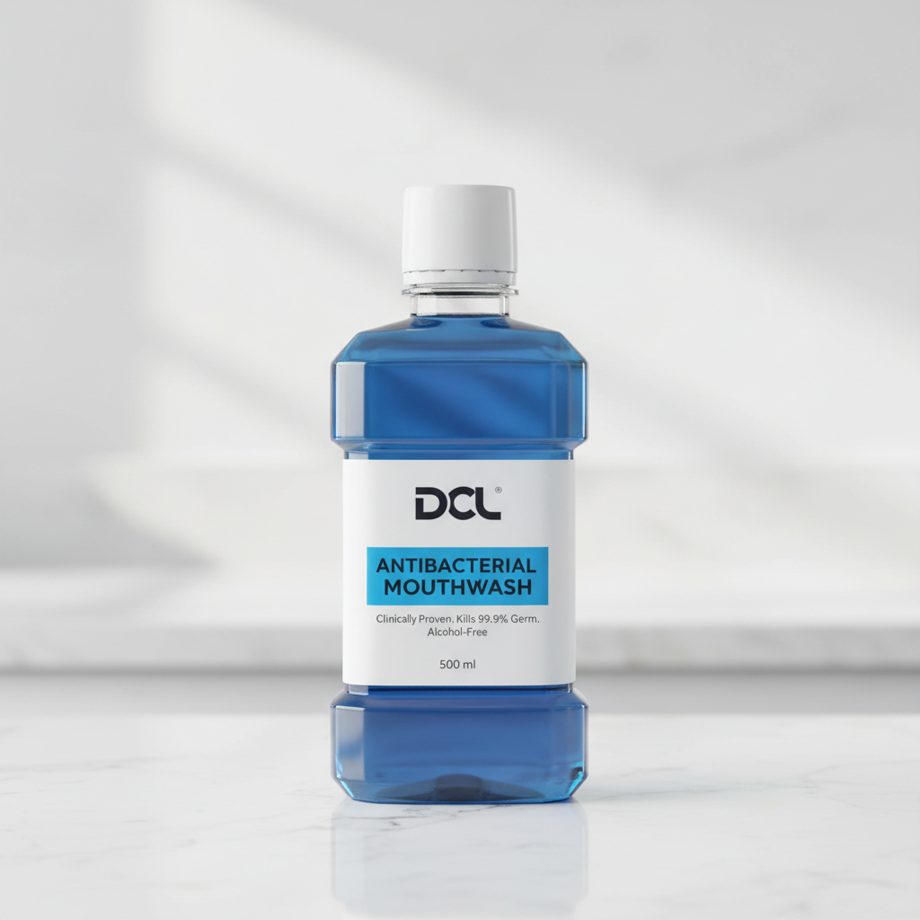DCL Antibacterial Mouthwash in transparent blue bottle with white clinical label on clean surface