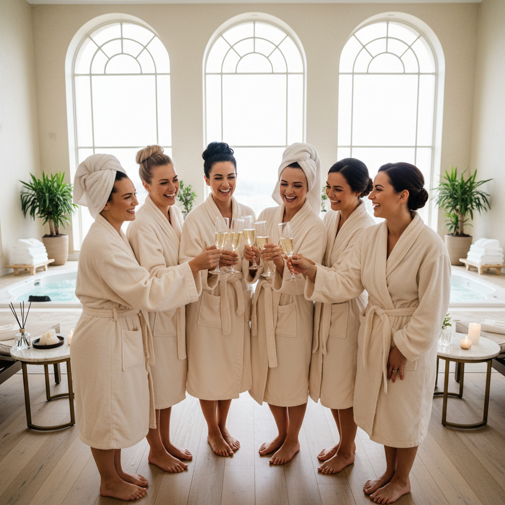 Spa day group photo of bridesmaids in matching robes holding champagne
