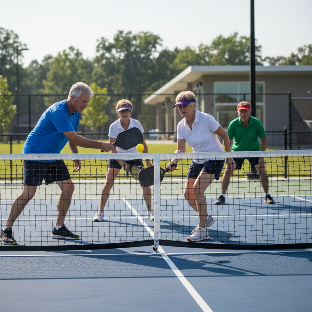Senior pickleball players in competitive doubles match, precise shot at the net