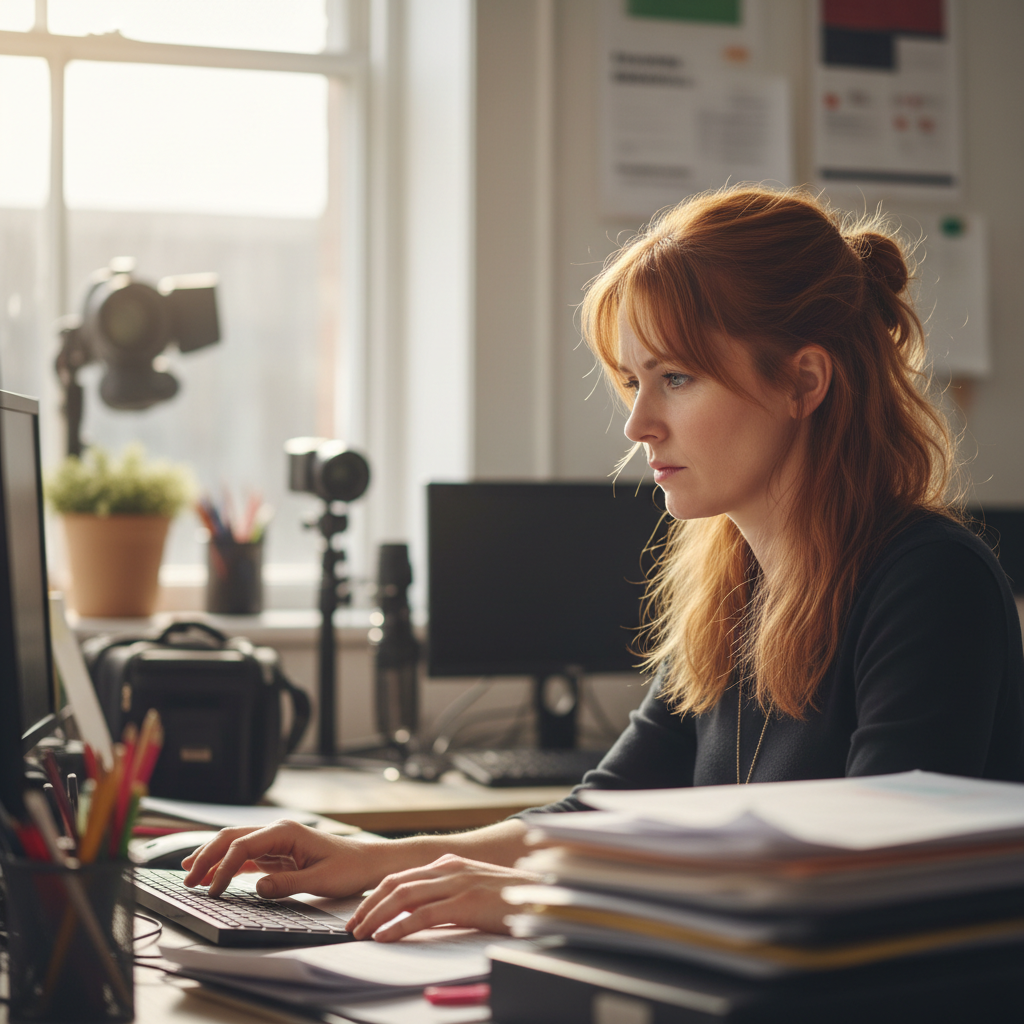 Caitlin Byrne, a white Irish woman in her thirties with auburn hair, in a production office