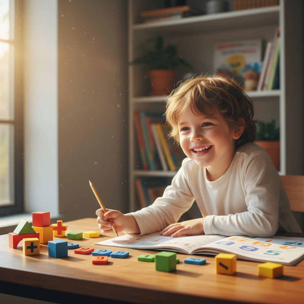 Happy kids learning math with colorful numbers and pencils on a desk