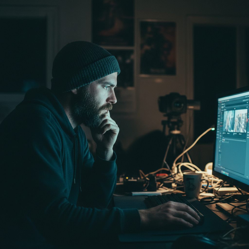Film director reviewing footage on a cinema camera monitor in a dimly lit professional studio