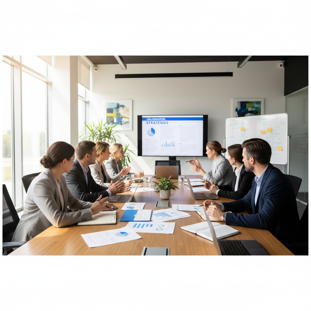 Professional executives in a modern boardroom engaged in strategic business planning and executive collaboration