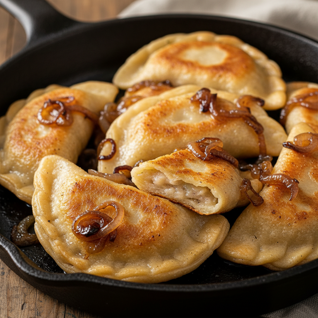 Golden pan-fried varenyky dumplings on a cast iron skillet with caramelized onions