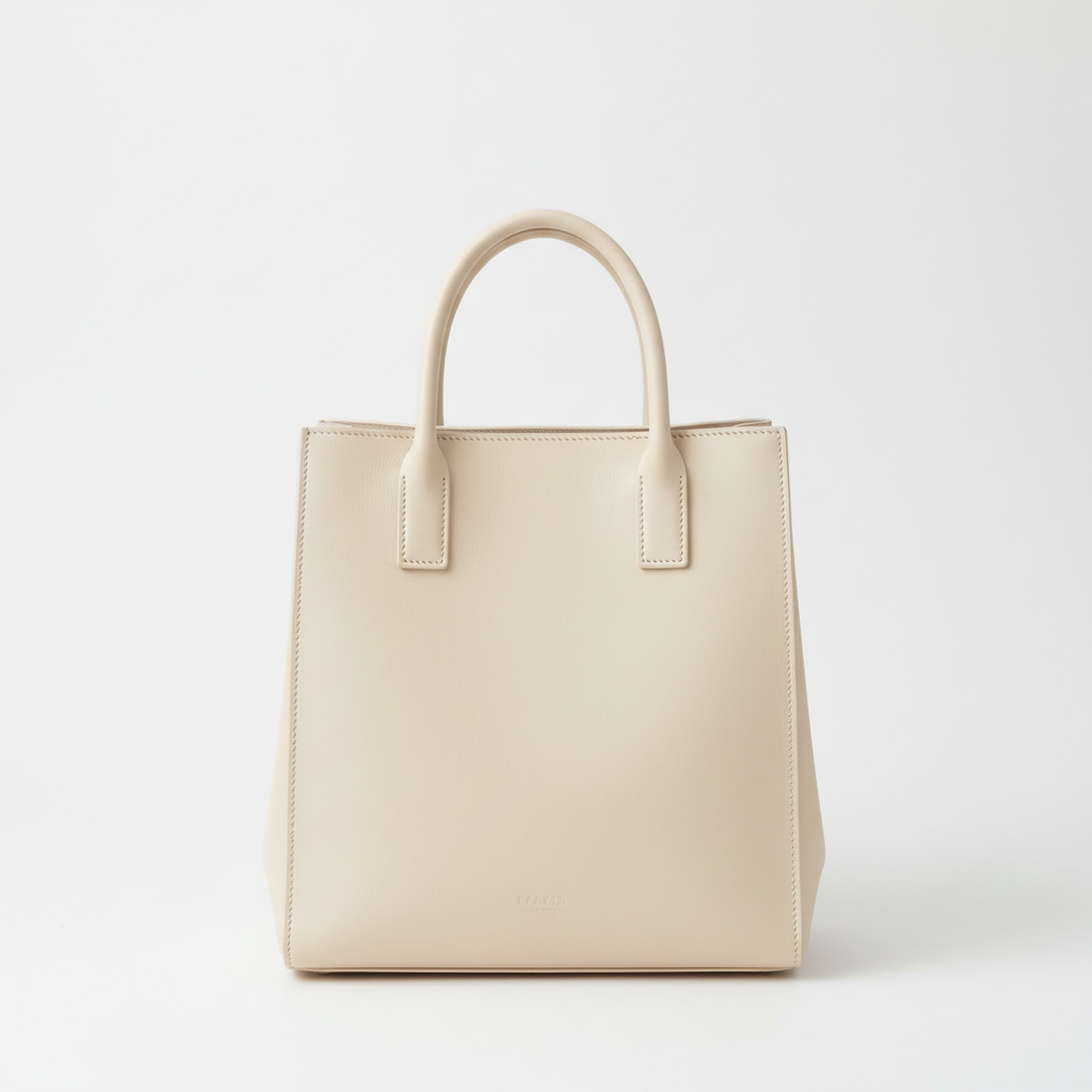 Structured leather tote bag in tan caramel, clean product photography, white background