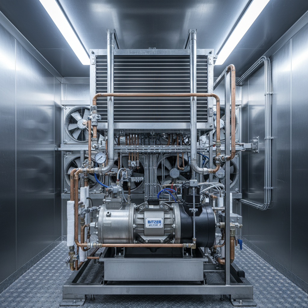 Commercial refrigeration unit interior showing compressor and refrigerant lines in a restaurant kitchen