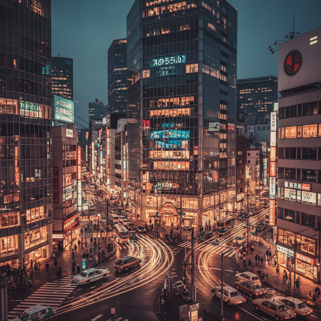 Aerial night view of Tokyo city with bright neon lights and dark atmospheric sky, deep shadows