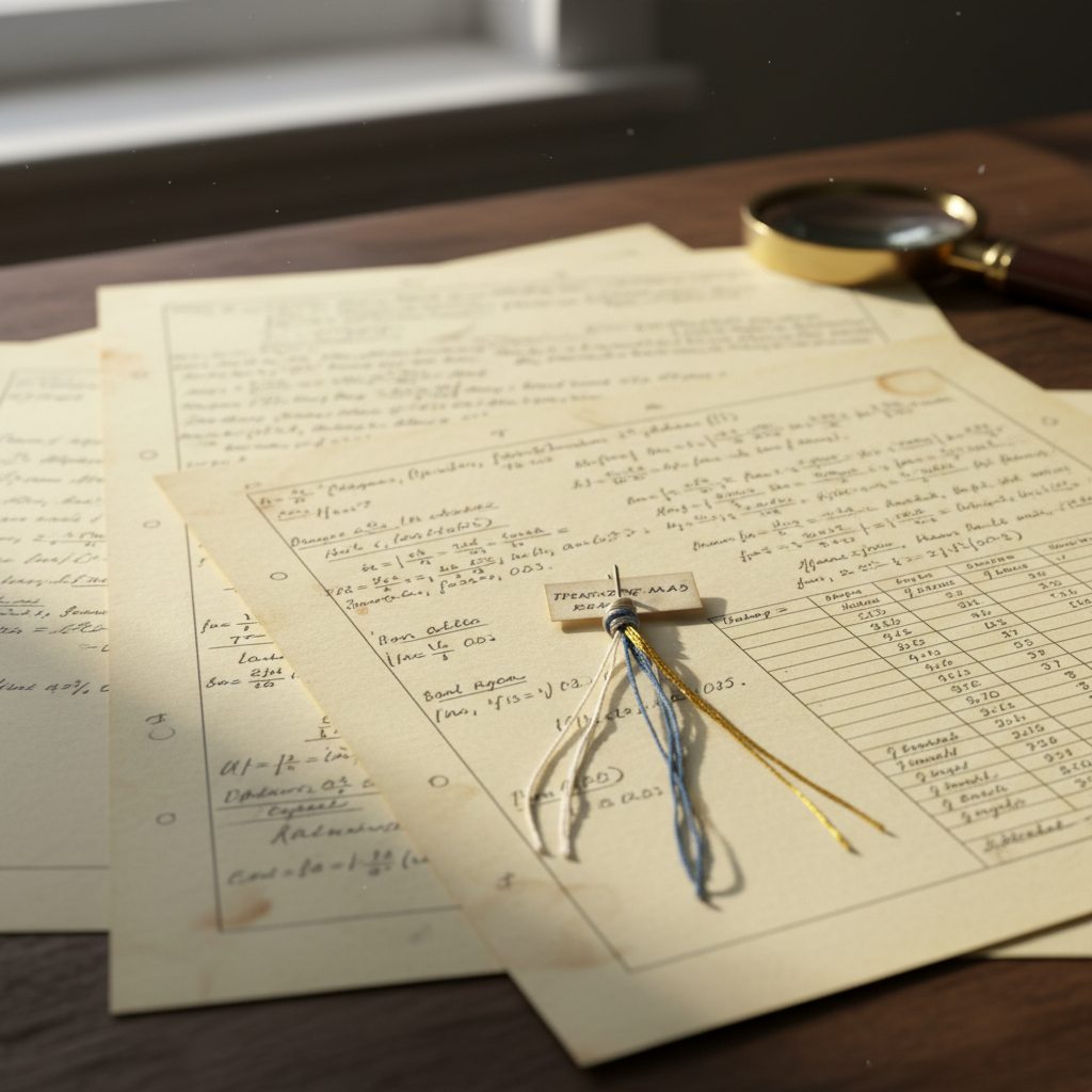 Archival photograph of warp tension calculation sheets with graphite notations and thread samples pinned to the paper, showing systematic documentation methodology