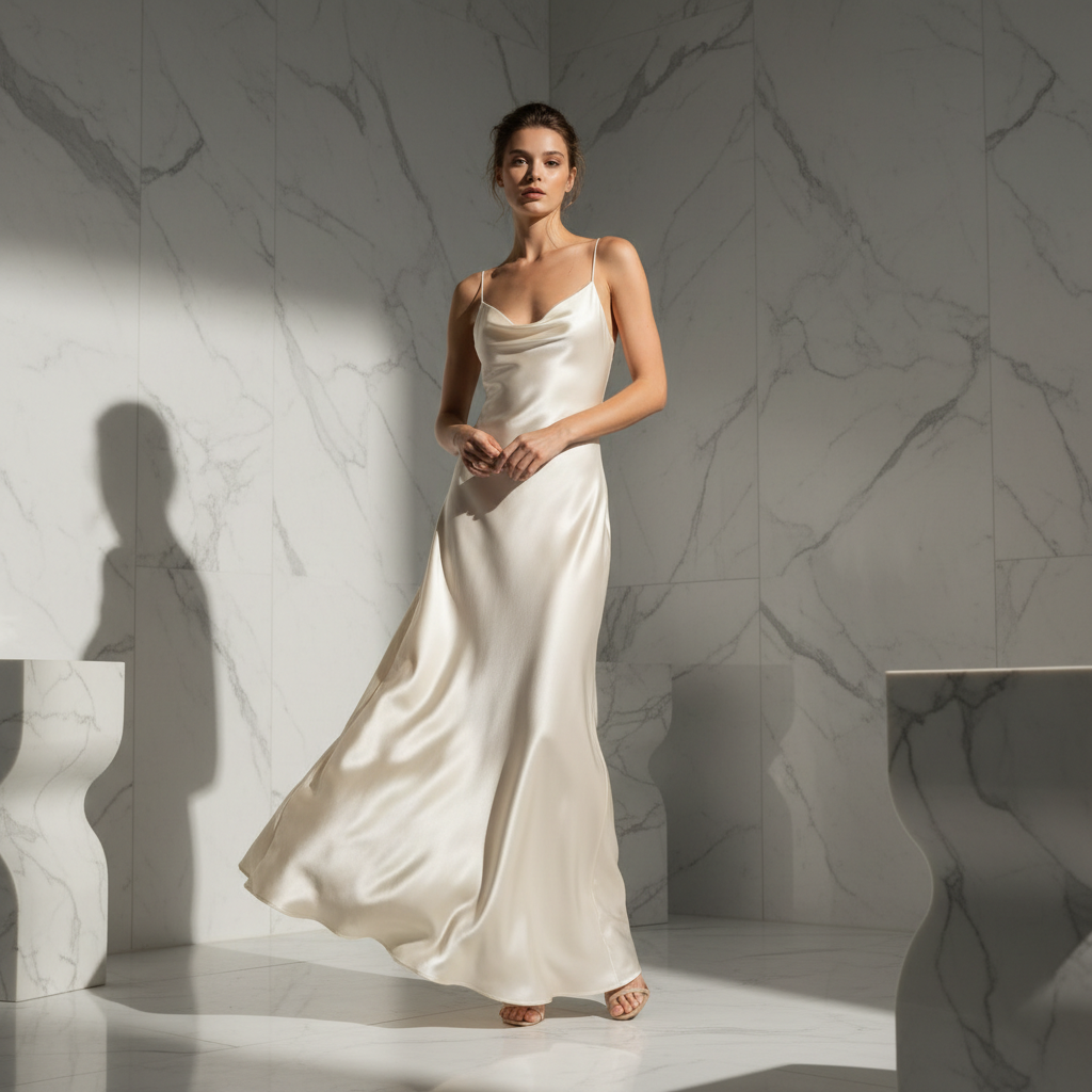 Elegant silk slip dress on hanger, bright cream studio background, soft natural light