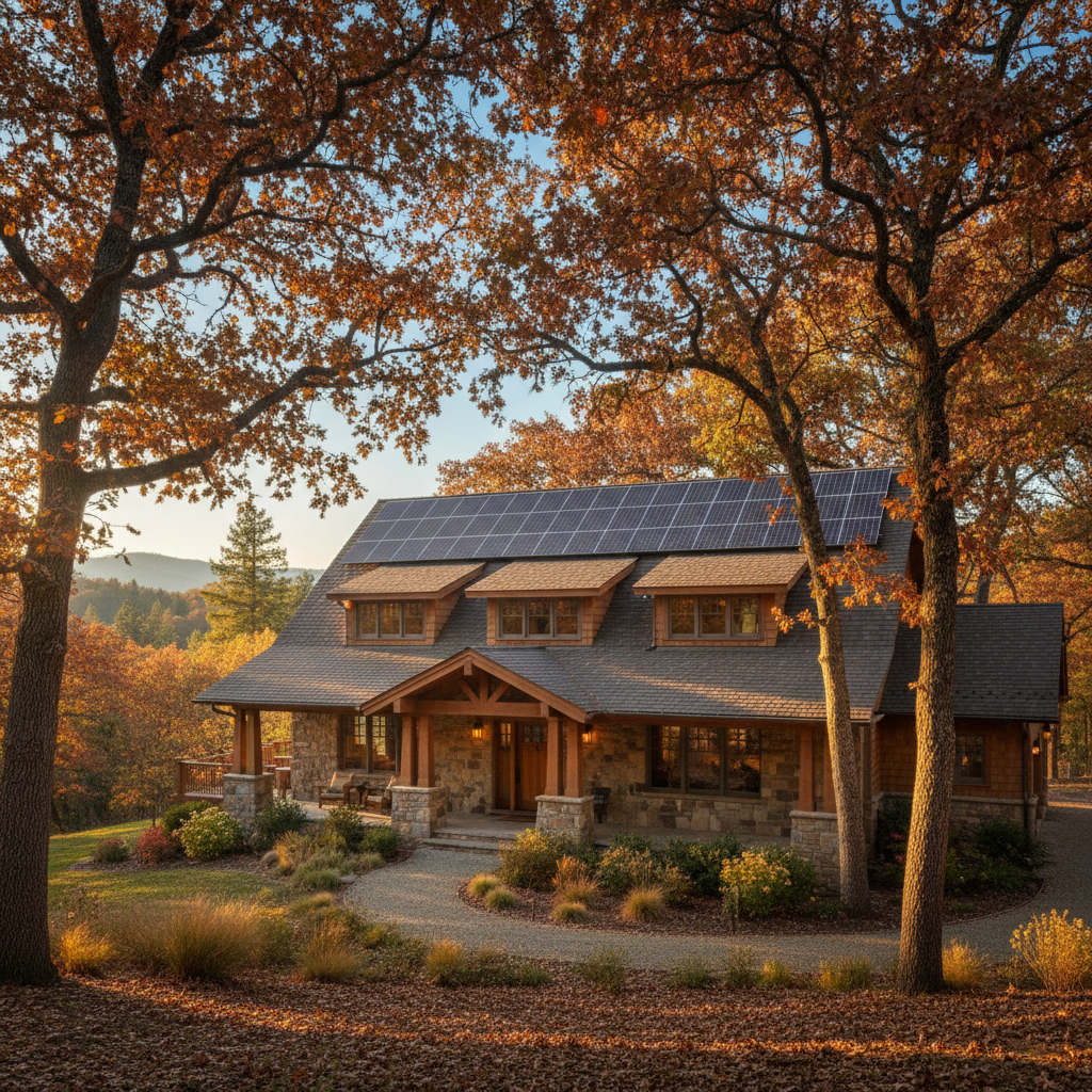 Craftsman-style home with solar panels on a south-facing roof surrounded by mature oak trees in autumn light