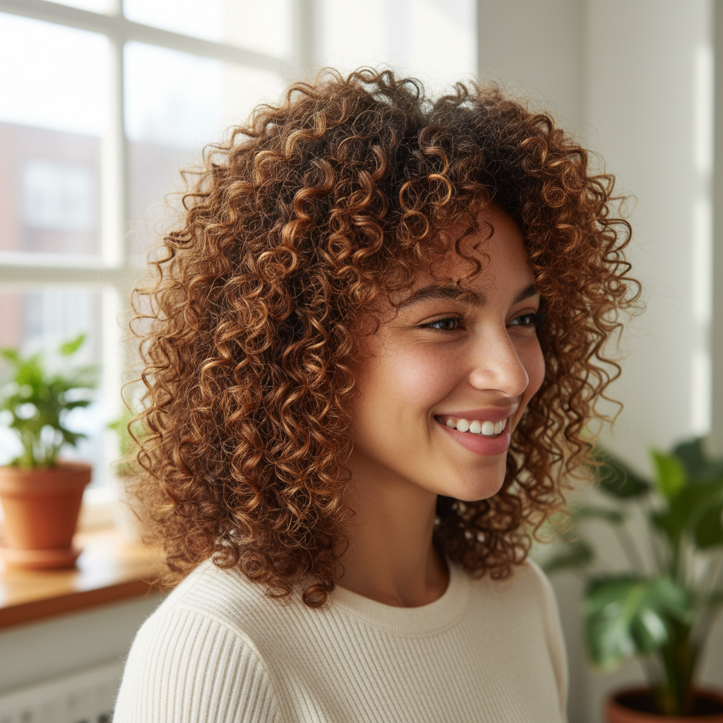 Curly hair client with defined ringlets, natural window light