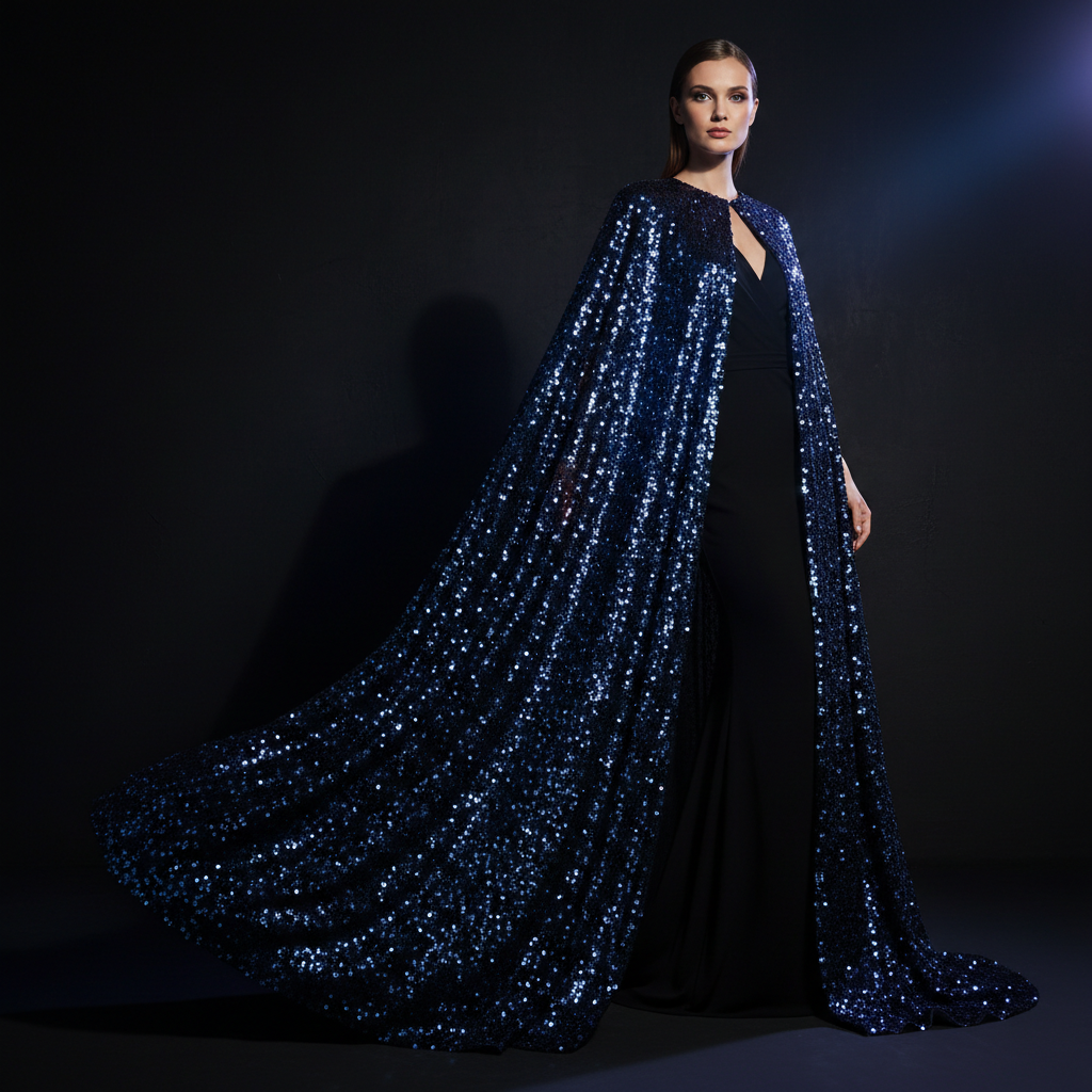 Luxury evening wear editorial, elegant fashion photography, bright studio with dramatic lighting