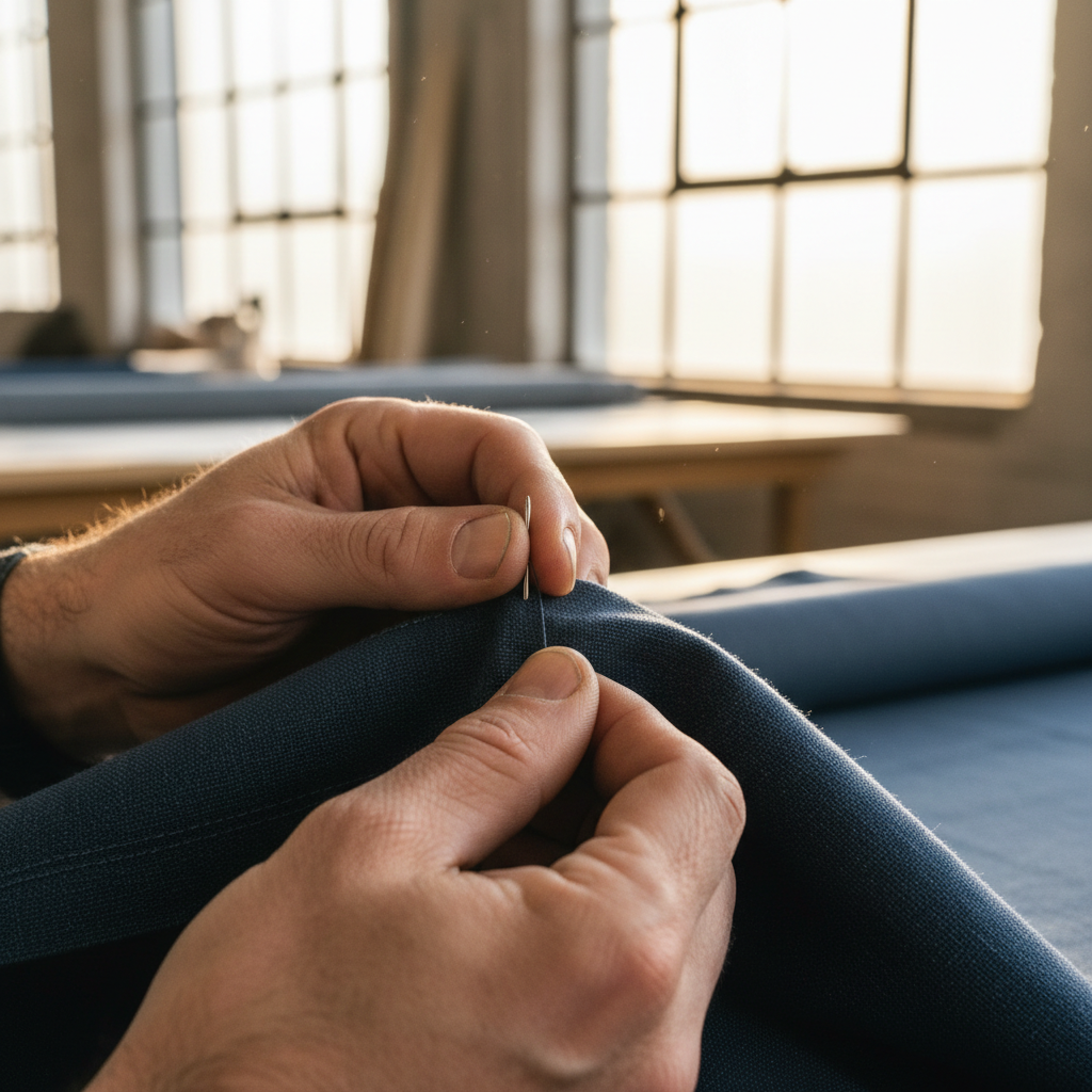 Close-up of artisan hands carefully stitching champagne silk curtain fabric with precision and detail