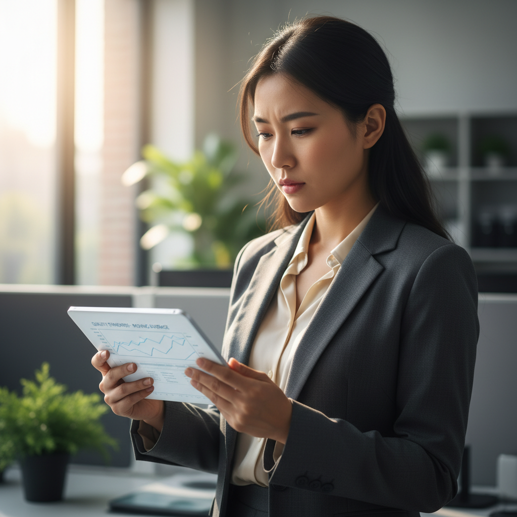 Asian woman in business casual attire with tablet in industrial warehouse environment