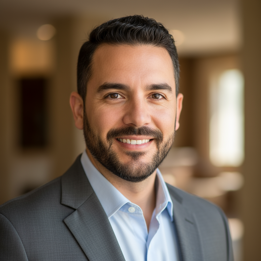 Hispanic man with beard in gray suit looking professional