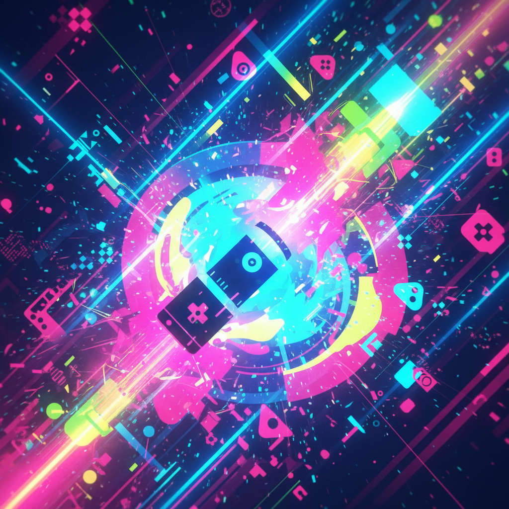 Bright colorful game scene with neon effects