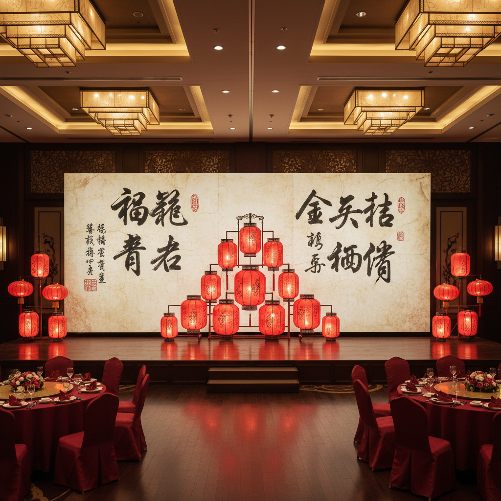 Banquet hall stage setup with four-meter hand-painted calligraphy backdrop and tiered red lantern display