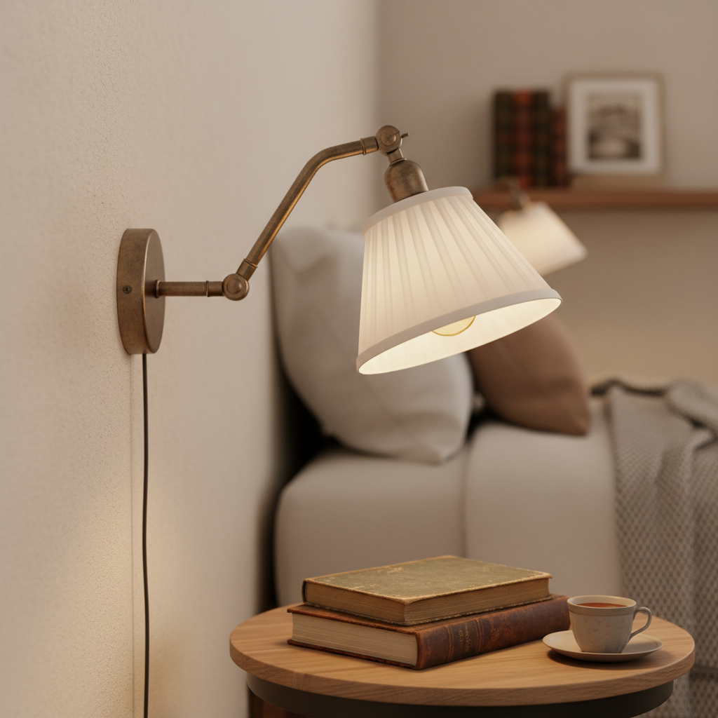 Adjustable bronze swing arm wall sconce with white pleated shade above a bedside table with books