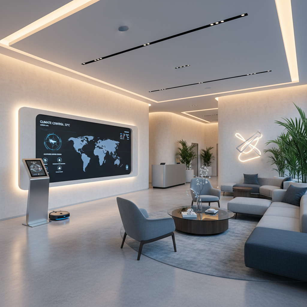 Hotel lobby with IPTV and entertainment technology installed