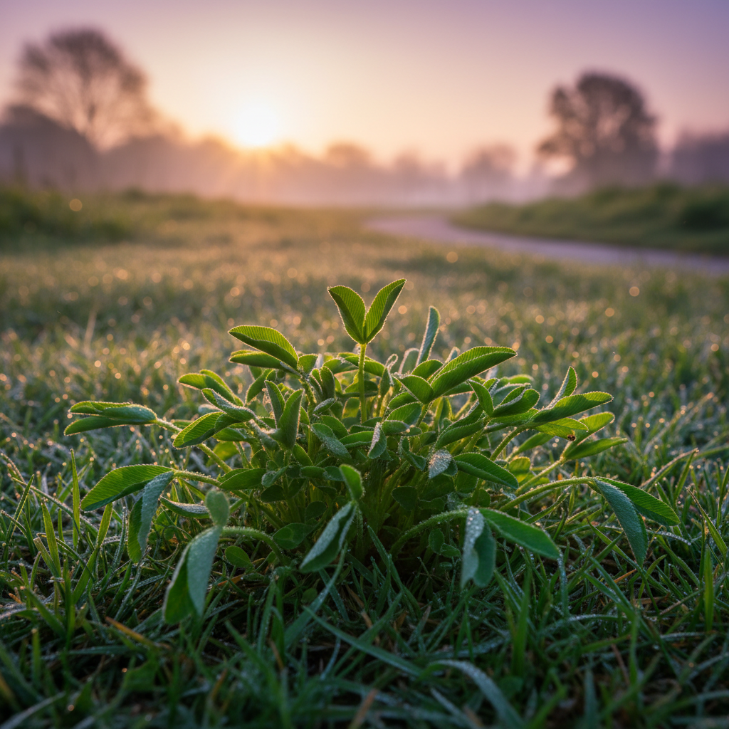 Clover with full healthy spine regrowth exploring outdoor grass at dusk