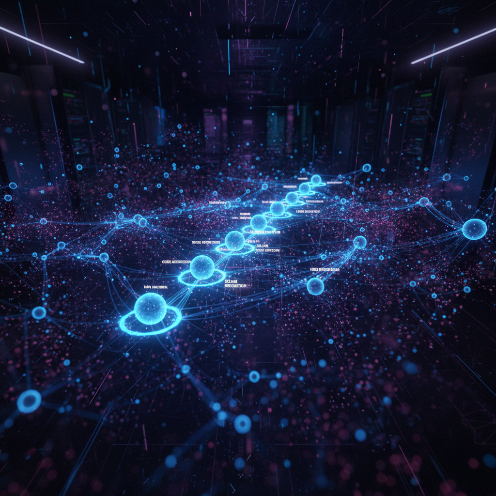 Dark data network visualization, deep black background, blue glowing connection nodes, abstract digital environment
