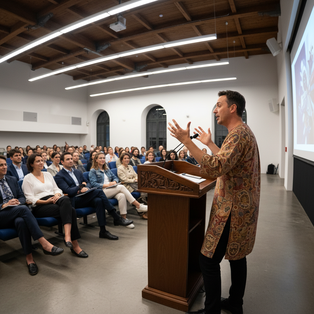 Artist speaking at podium in lecture hall with attentive audience during cultural discussion