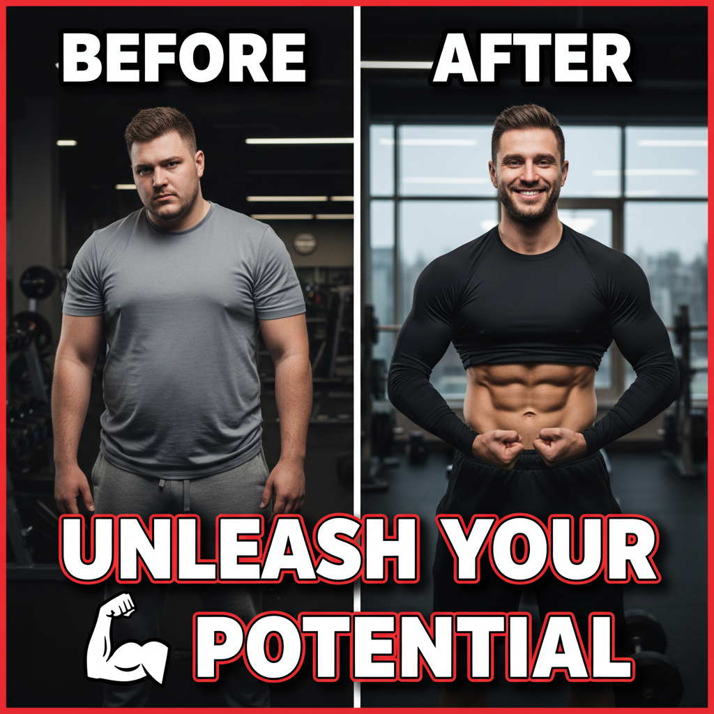 Fitness transformation testimonial video ad thumbnail with athlete in dramatic studio lighting