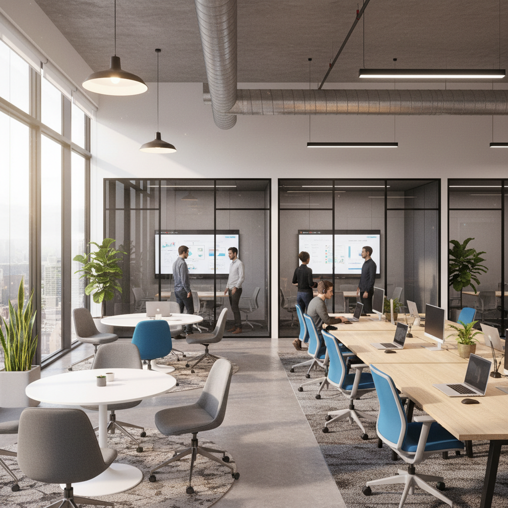 Tech-enabled office environment in Bangalore with collaborative workspace and modern amenities