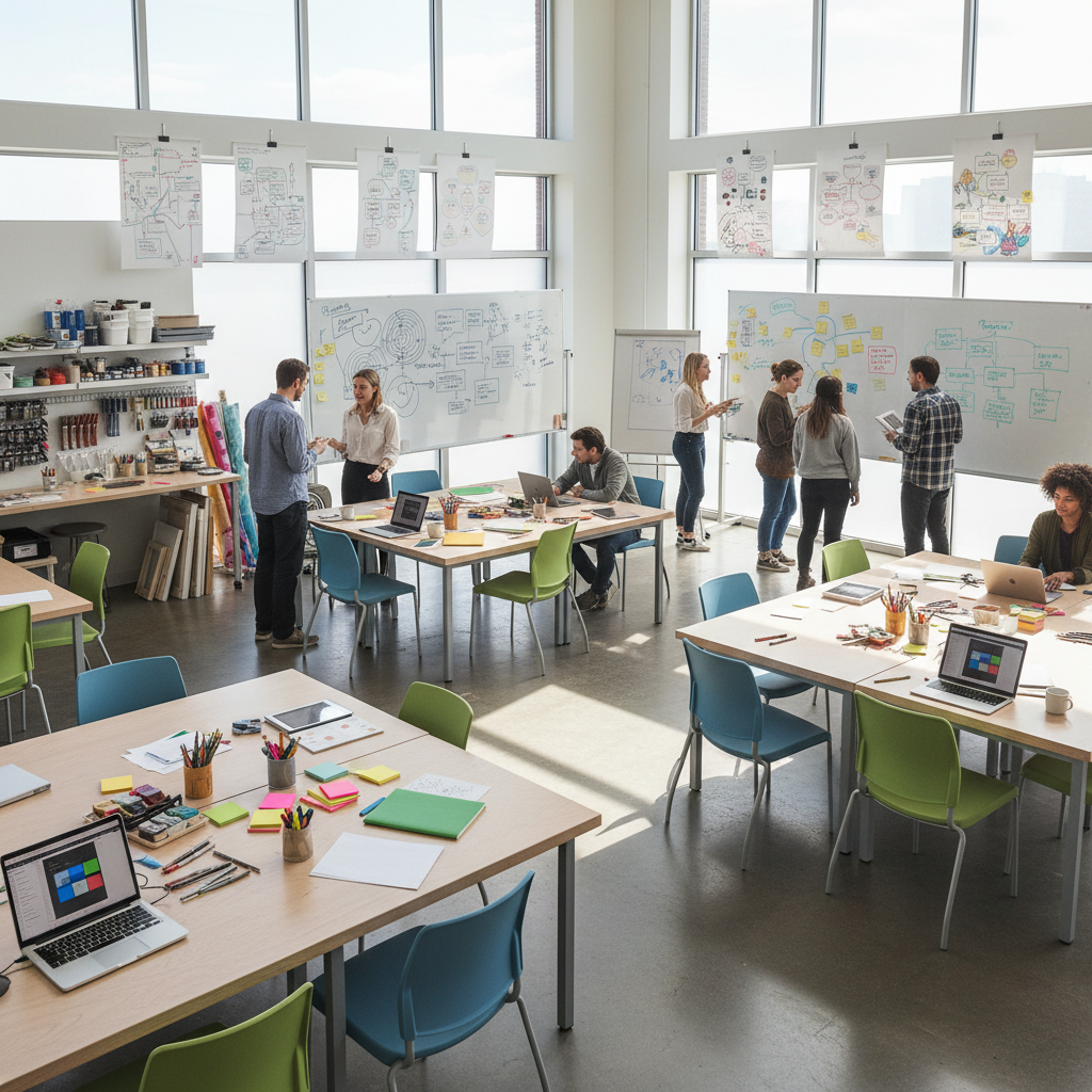 Bright modern workspace with people collaborating around a table, large windows, white walls, airy and well-lit room