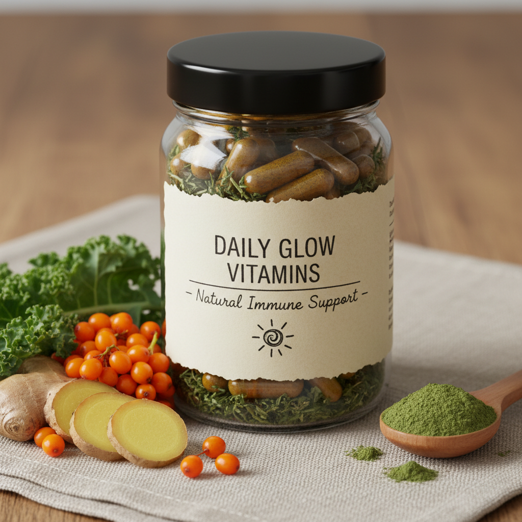 Glass jar of vitamin supplements with handwritten label beside fresh ingredients on a linen cloth