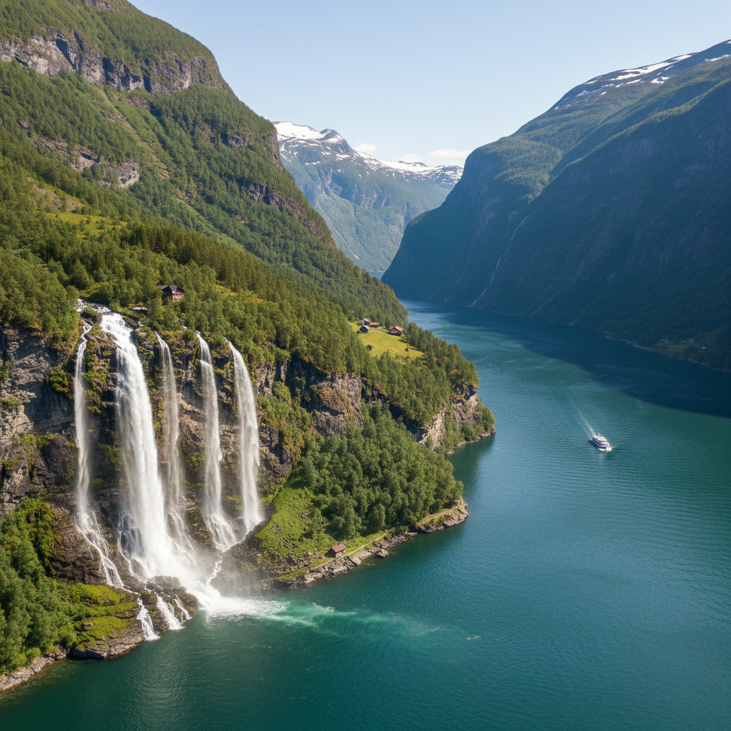 Geirangerfjord with Seven Sisters waterfall and cruise ship Norway