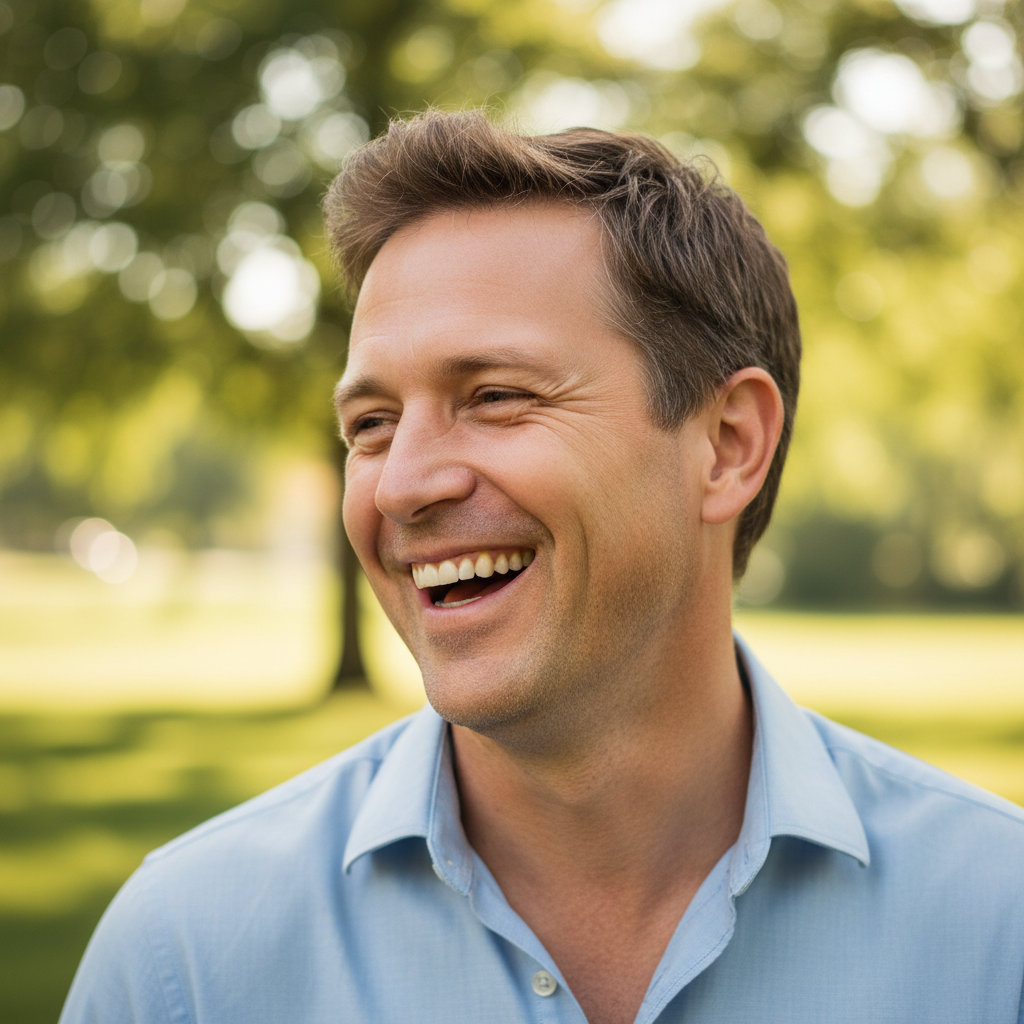 Man mid-40s with genuine laughter, head tilted, outdoors