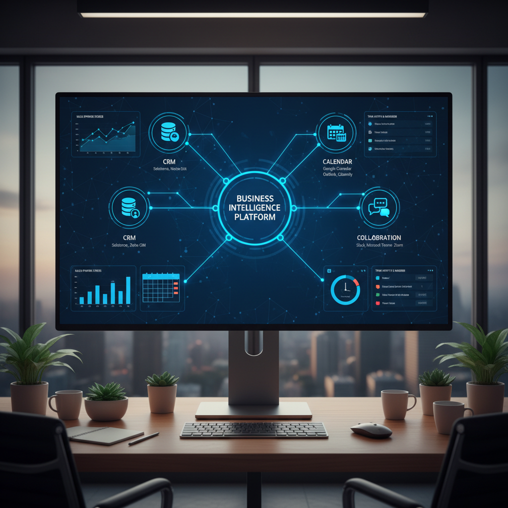 Business tool integrations dashboard showing connections to CRM, calendar, and collaboration platforms