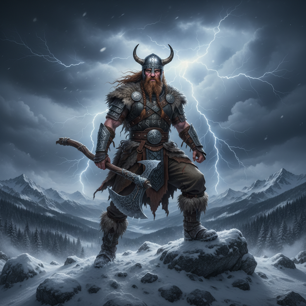 Norse mythology warrior in dramatic frozen landscape with stormy sky