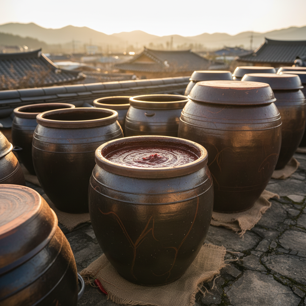 Traditional Korean fermentation jars in sunlight, earthy tones and warm natural light, cultural heritage