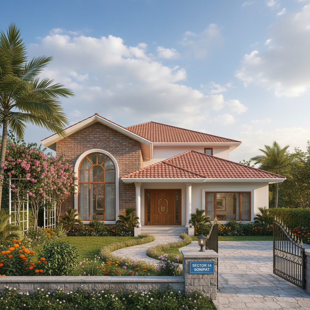 Beautiful independent house with garden, red roof tiles and clear blue sky