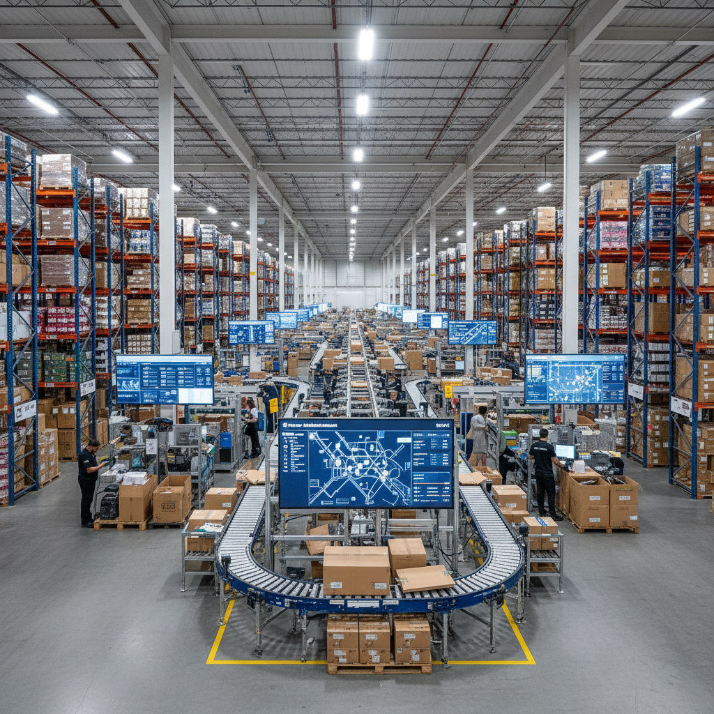 E-commerce fulfillment warehouse with data integration screens