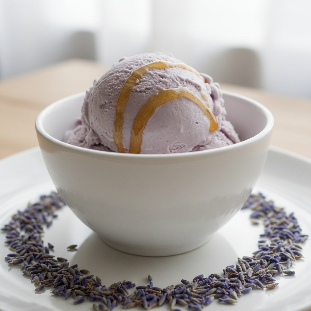 Purple blueberry lavender ice cream in a pint container with fresh blueberries and lavender sprigs on top