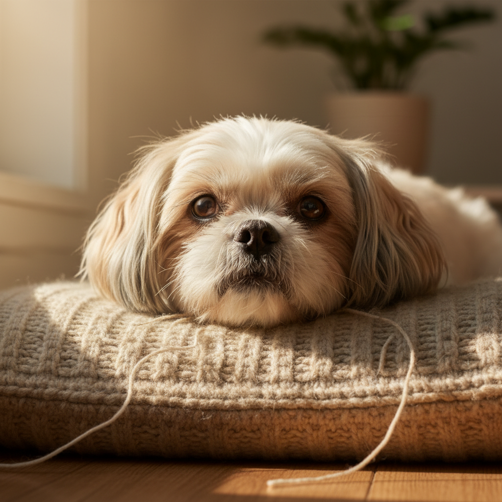 Older Shih Tzu with gentle eyes resting on a sun-warmed cushion near a window